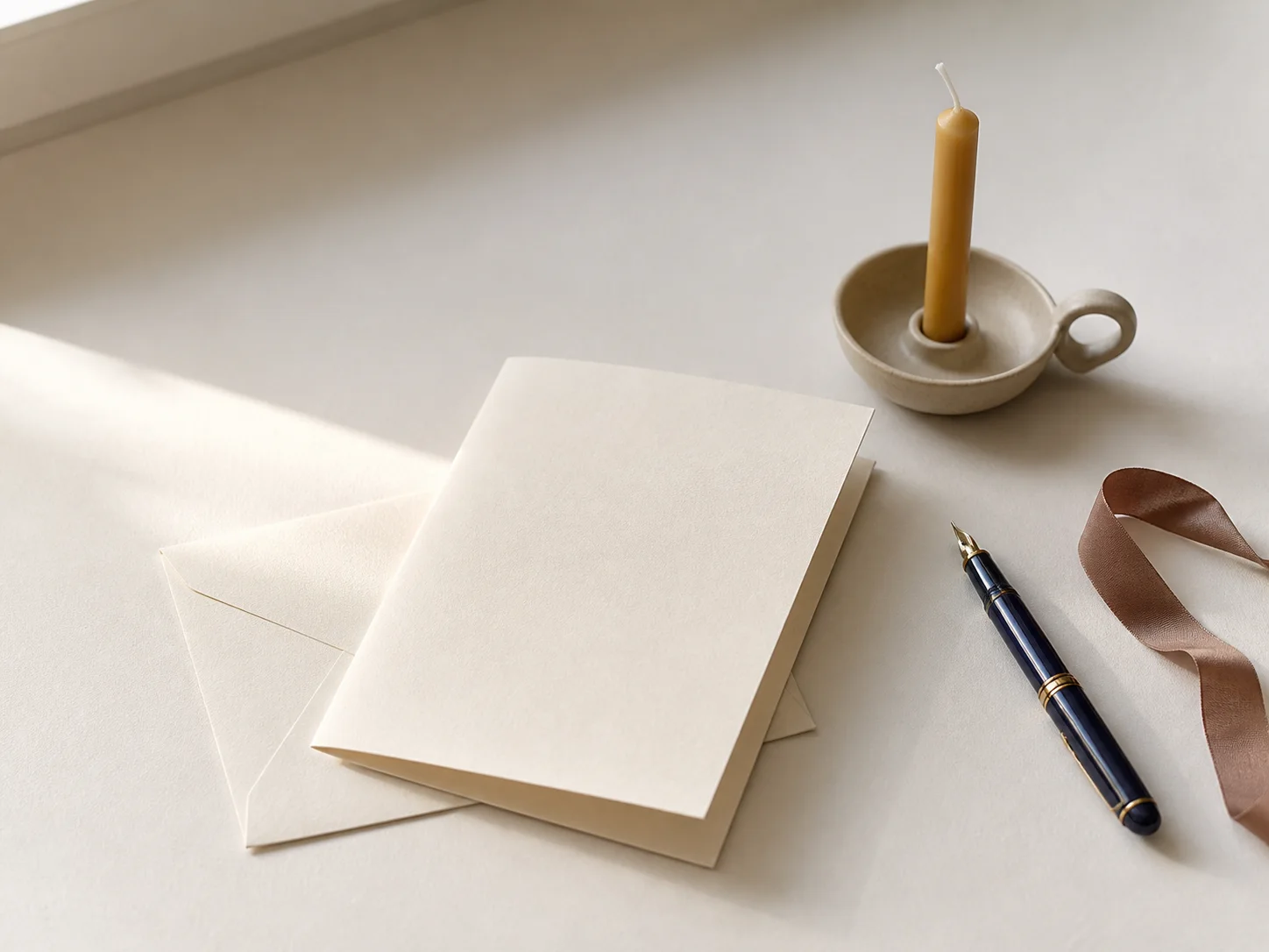 Blank birthday letter, envelope, fountain pen, candle, and clay ribbon