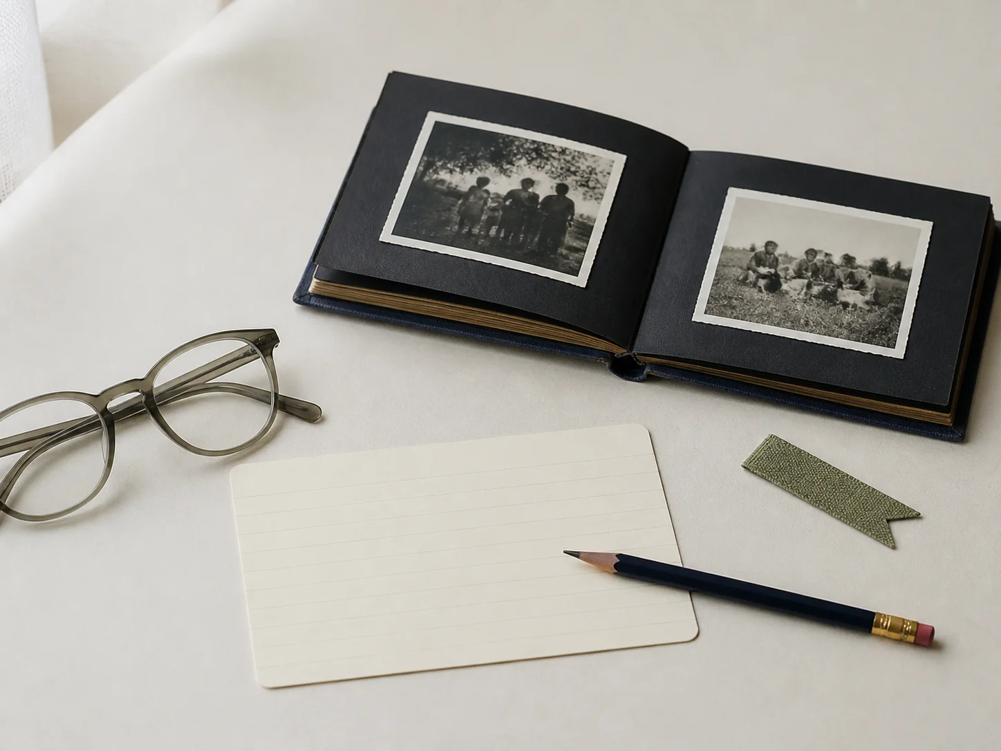 Family photo album, reading glasses, blank index card, and pencil