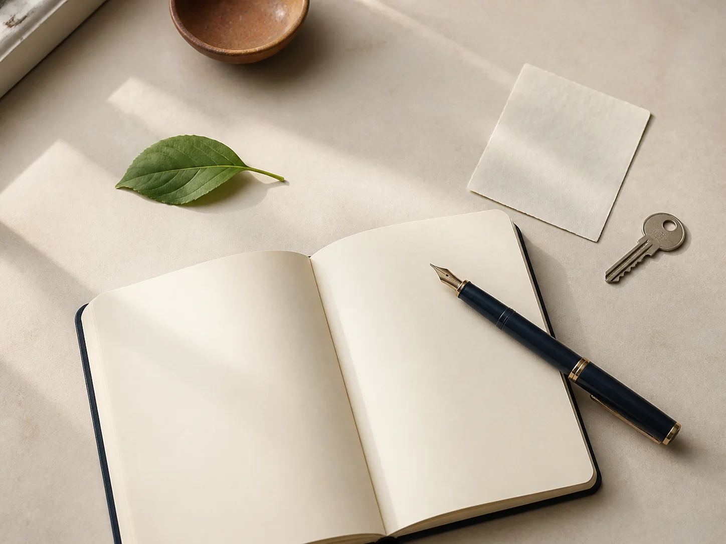 Open notebook, fountain pen, house key, blank card, and green leaf in morning light