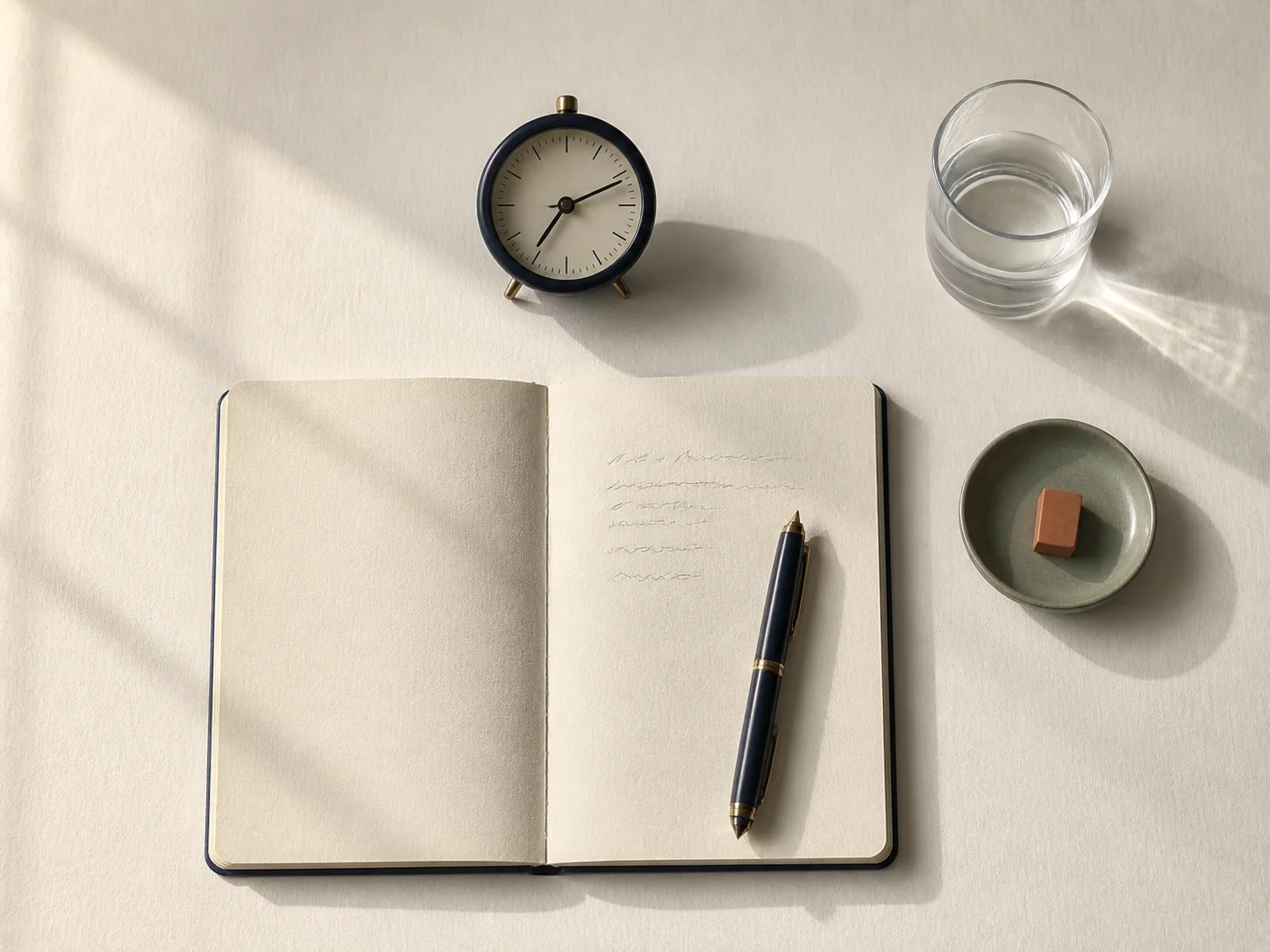 Open notebook, fountain pen, clock, and glass of water in early morning light
