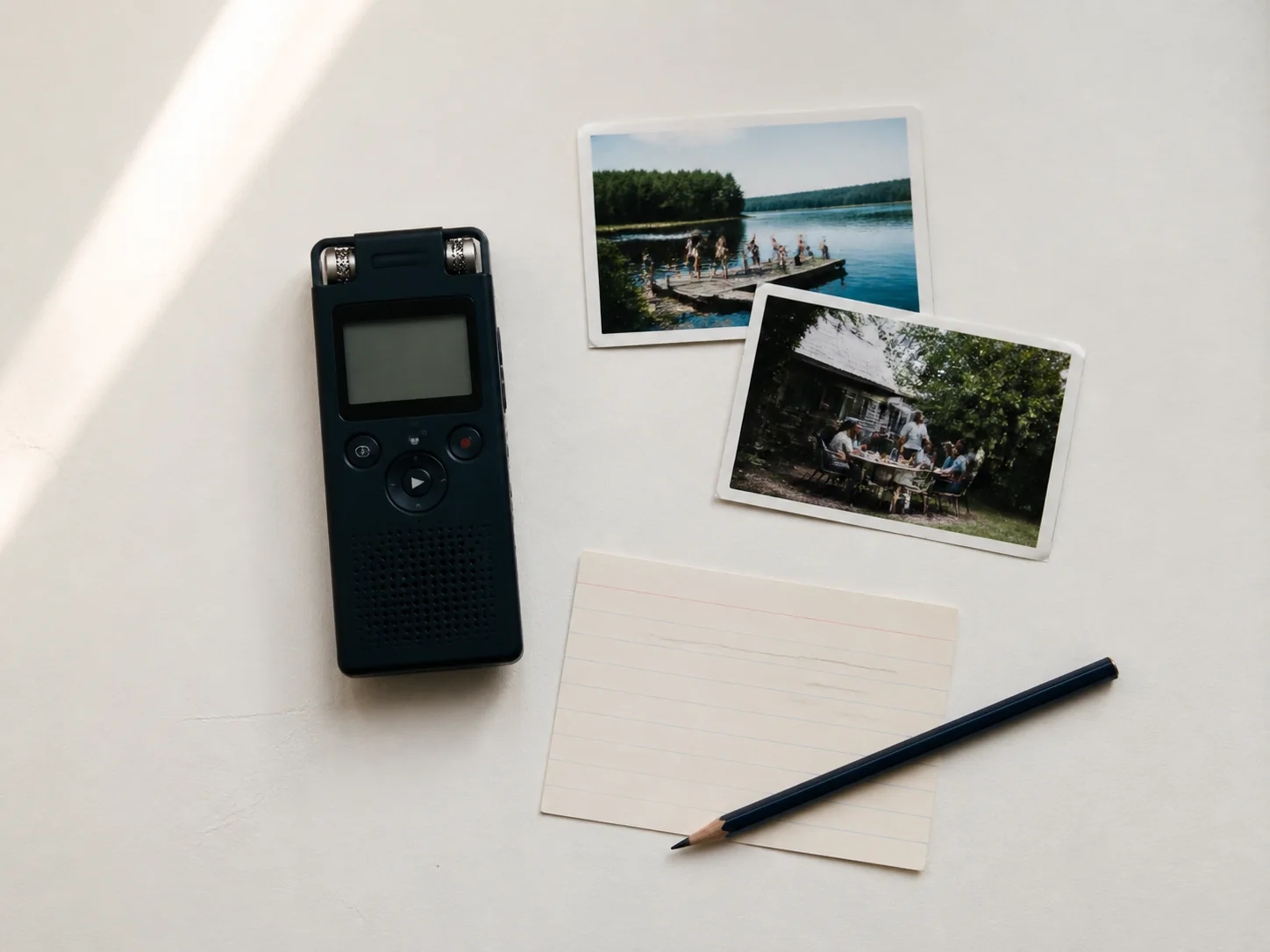 Audio recorder, family photographs, index card, and pencil on a table