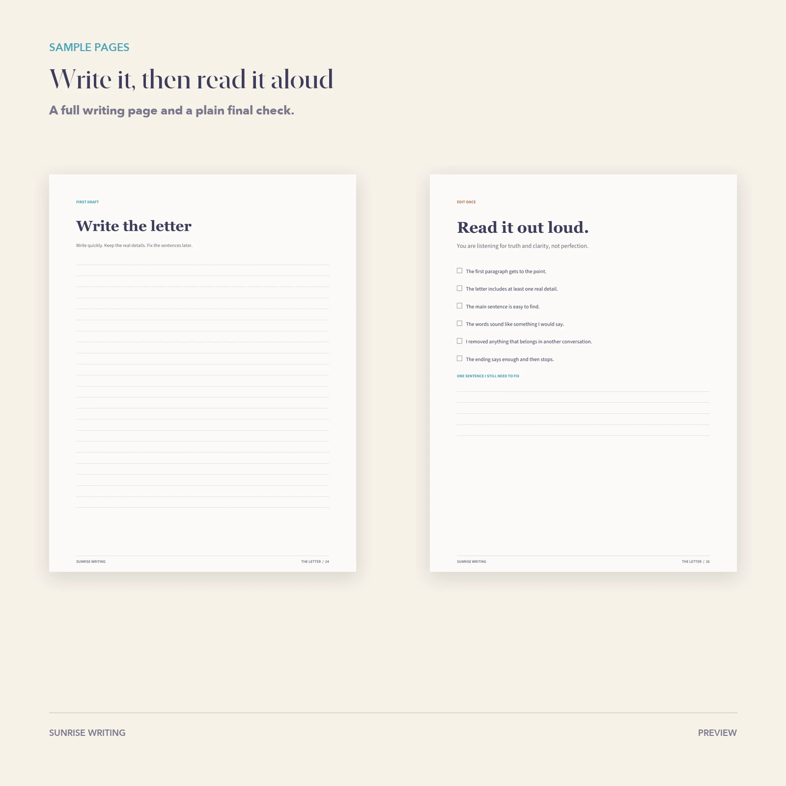 Sample pages showing The Letter writing page and read-it-aloud checklist