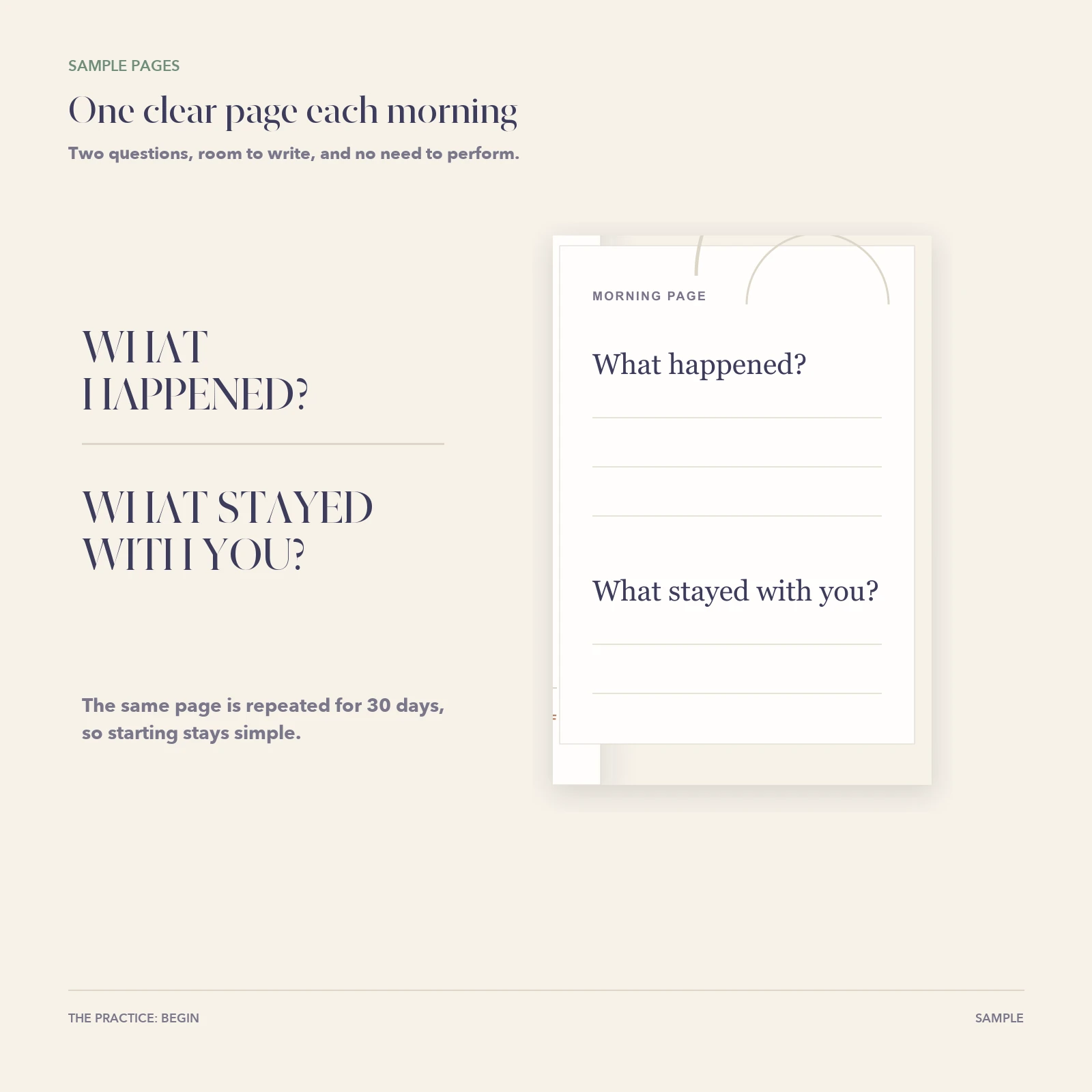 Sample morning writing page from The Practice Begin