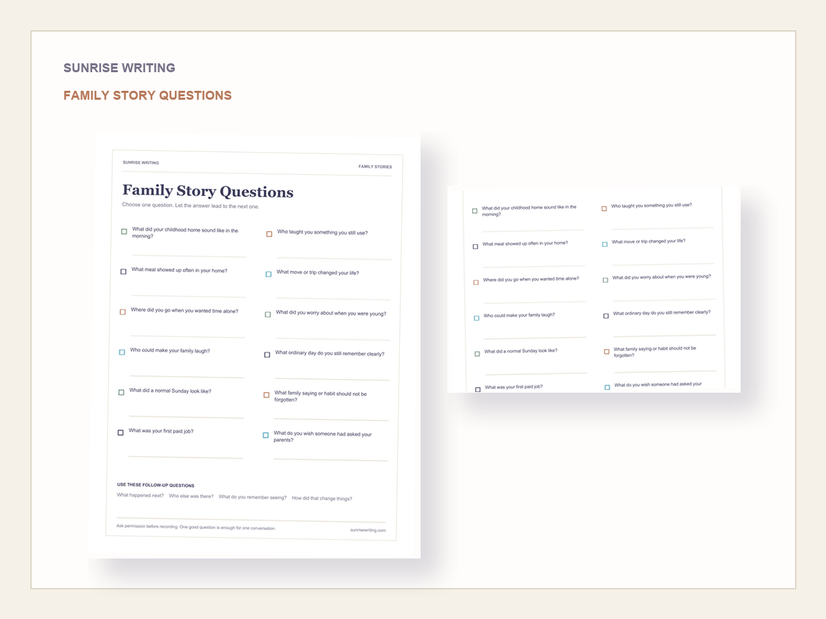 Preview of a printable page with questions for recording family stories