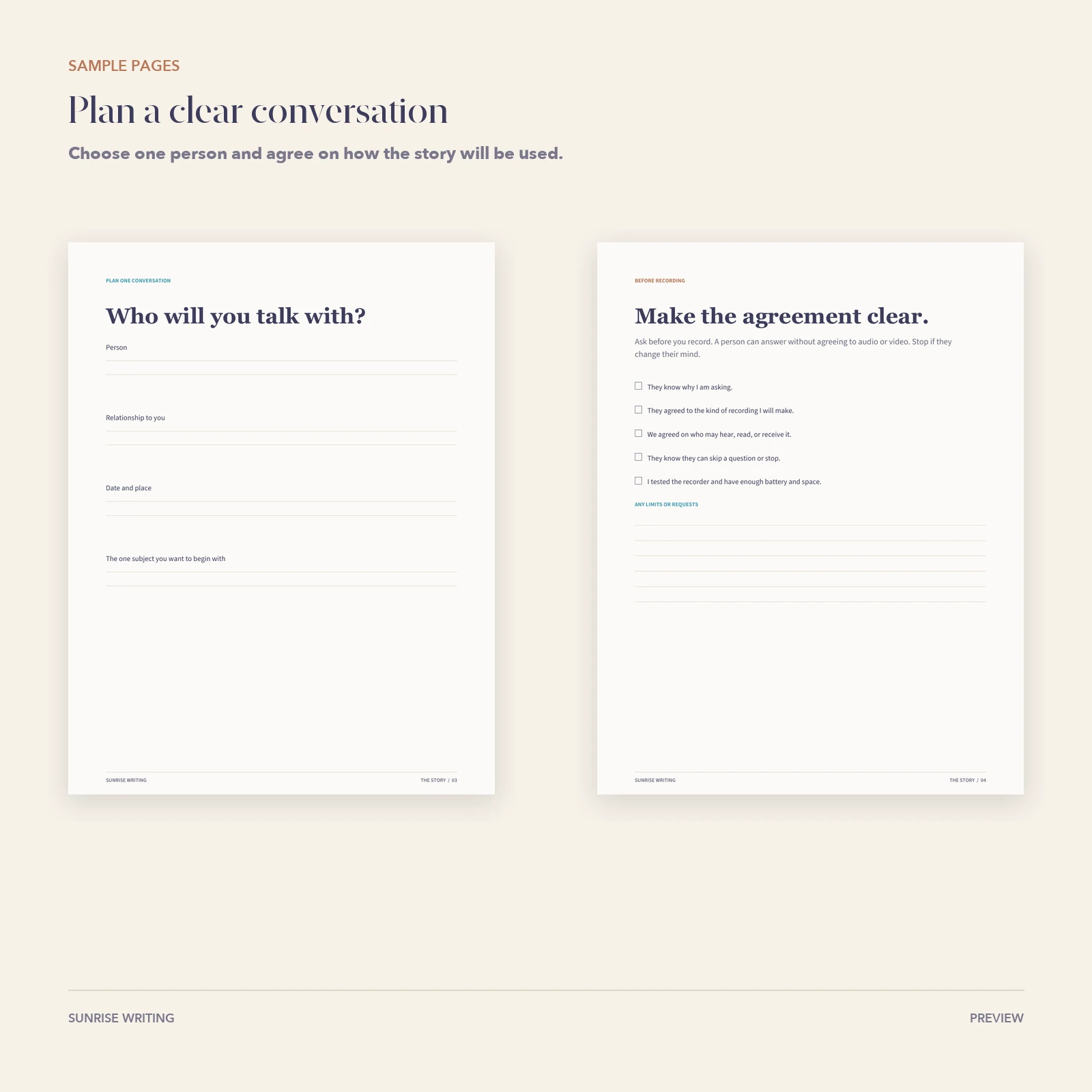 Sample planning pages from The Story workbook