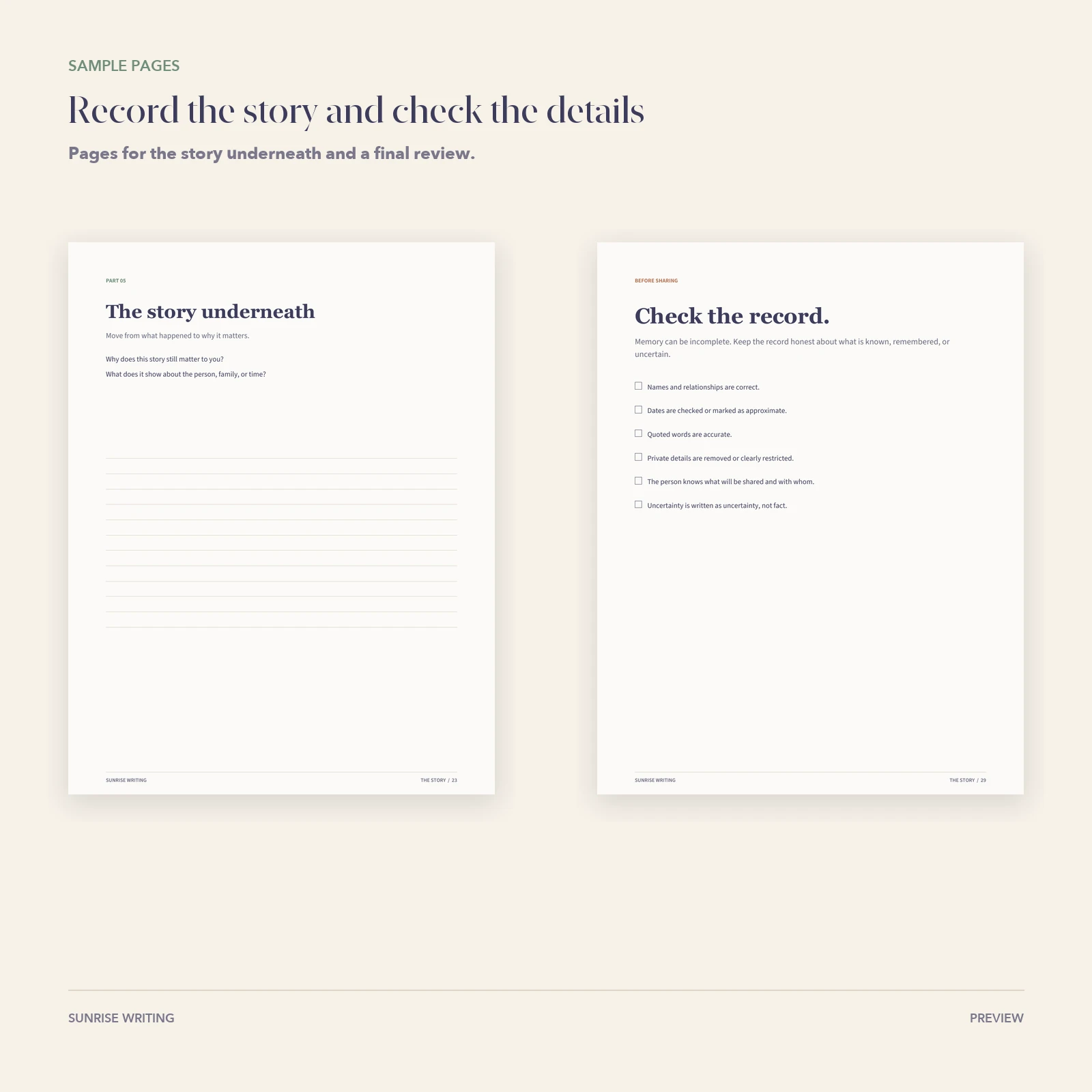 Sample story record and review pages from The Story workbook