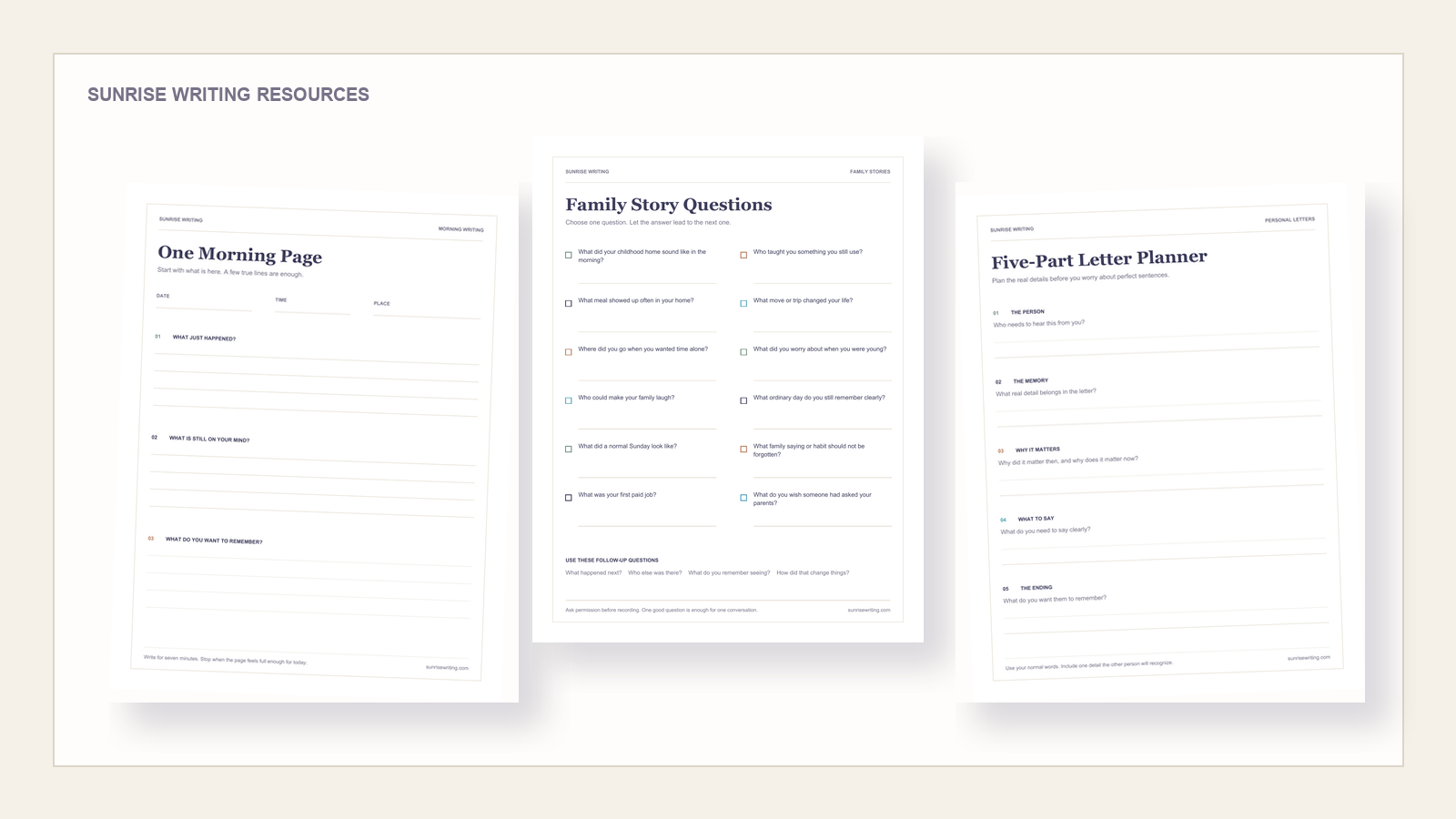 Three printable Sunrise Writing pages for morning writing, family stories, and personal letters