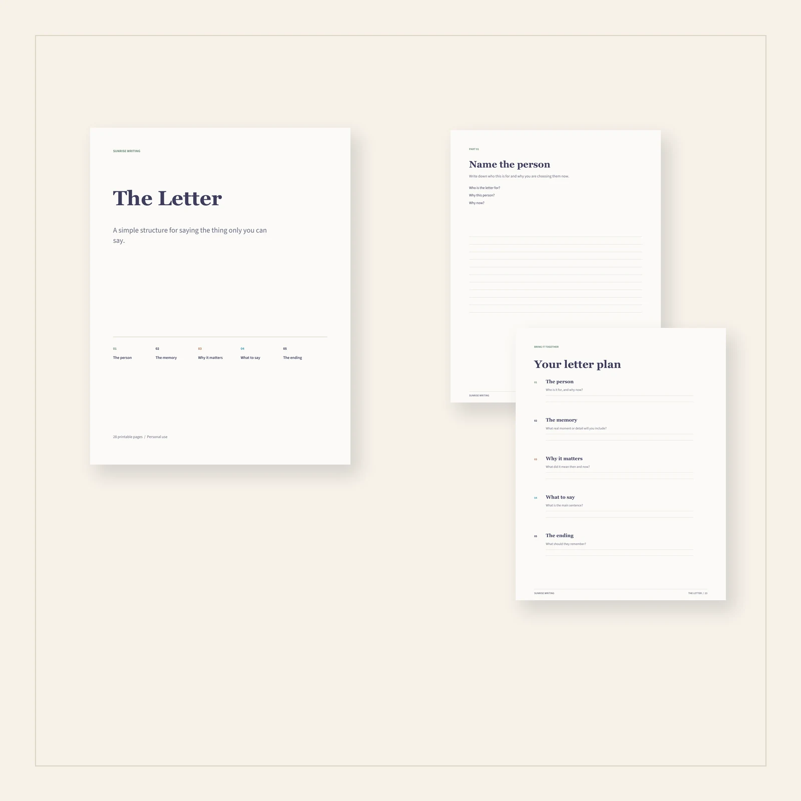 Cover and worksheet pages from The Letter printable workbook