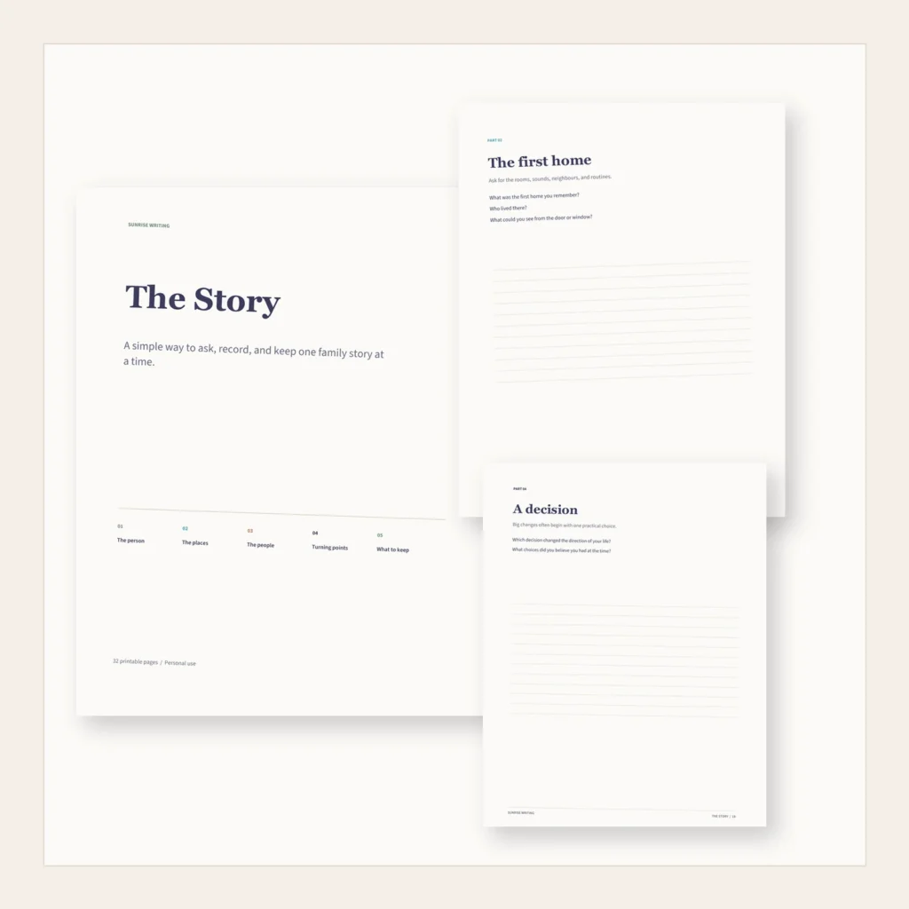 Cover and worksheet pages from The Story printable family history workbook