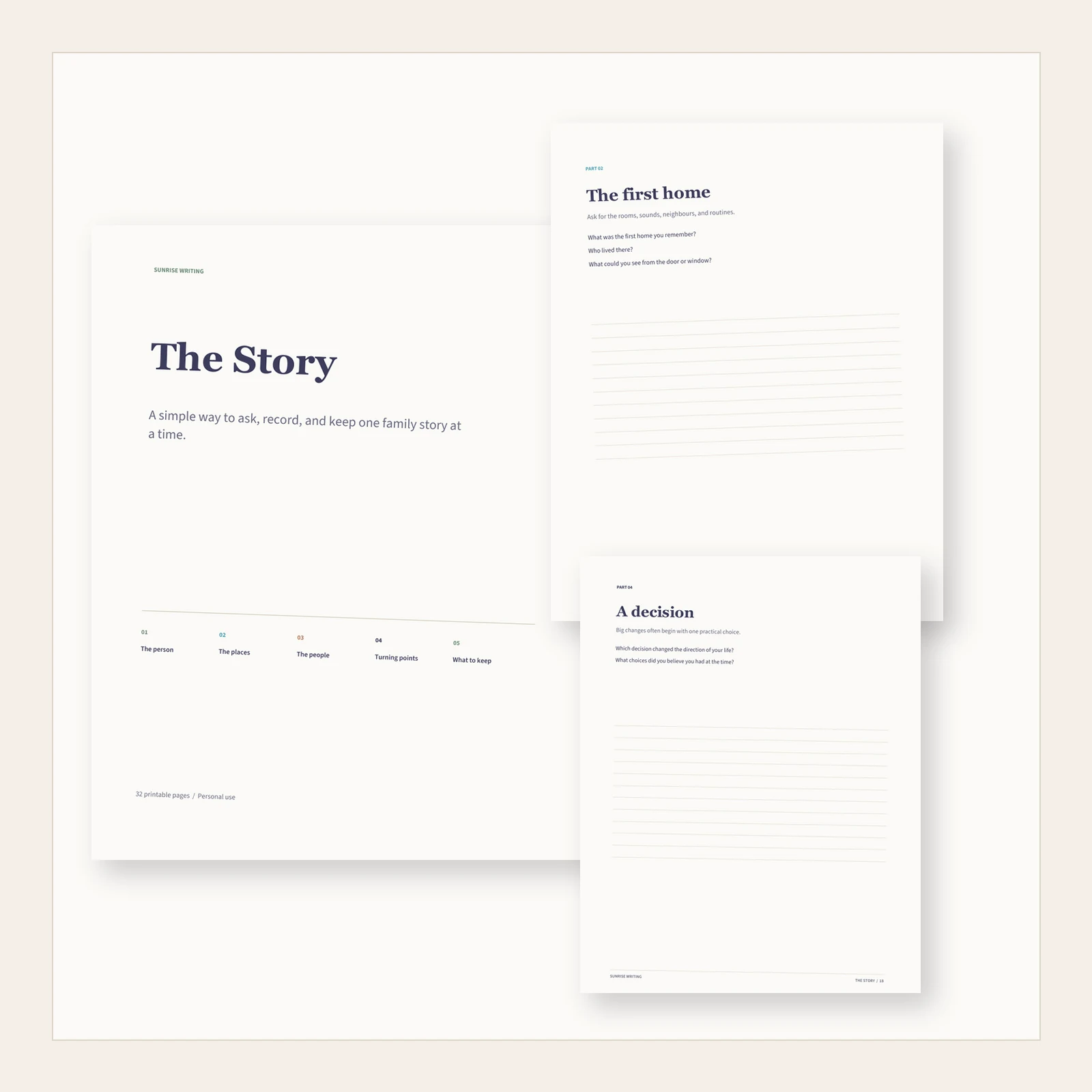 Cover and worksheet pages from The Story printable family history workbook
